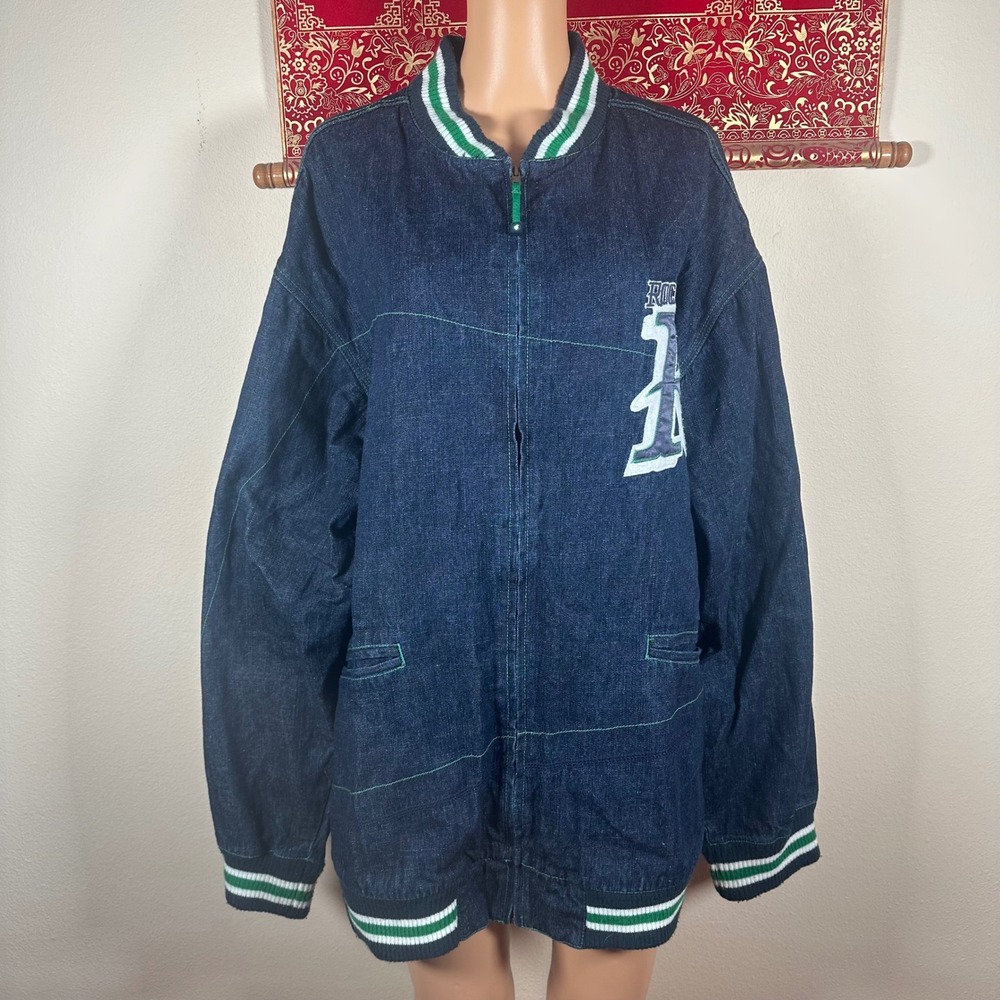 Rocawear Denim Varsity Bomber Jacket Blue Logo Hip Hop Y2K Streetwear XXL